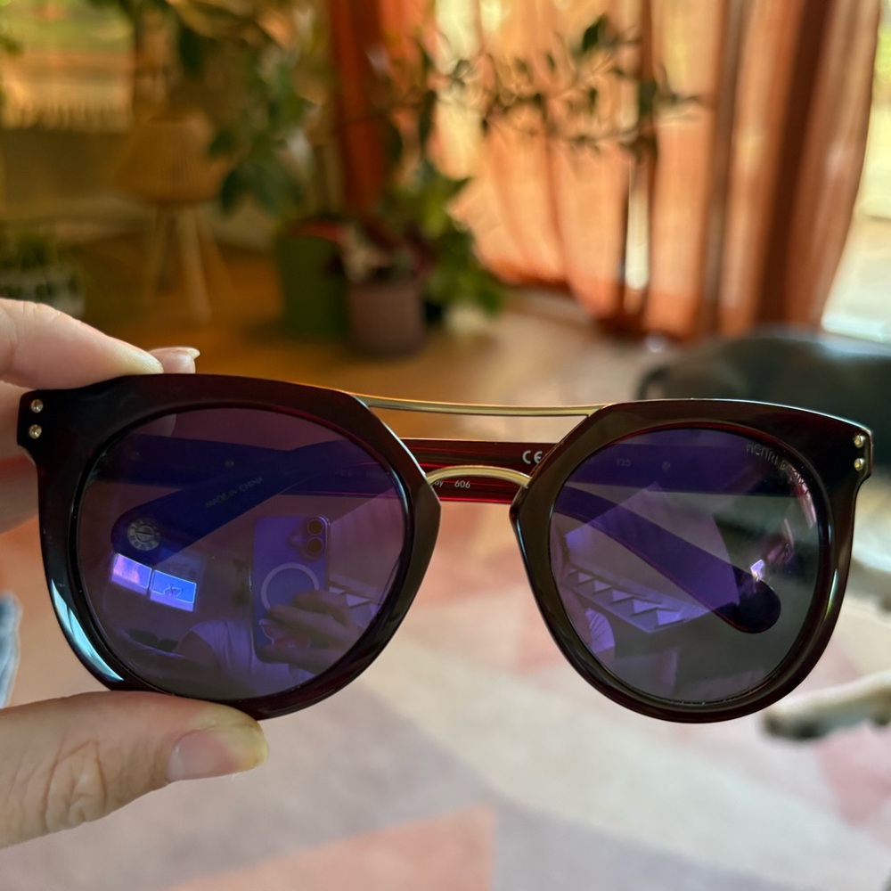 henri bendel Purple Lens Round Sunglasses with Gold Brow Bar